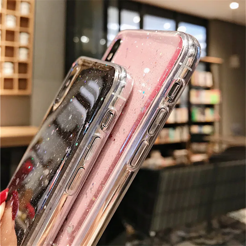 NJIEER Блестящий блестящий чехол для iphone X 11 Pro XS MAX XR Блестящий Прозрачный чехол для iphone 8 7 6 6S Plus Мягкий чехол из ТПУ