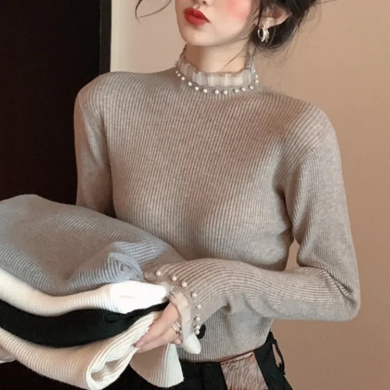 

Осенне-зимняя приталенная рубашка-топ 2021, кружевной жемчужный свитер с длинным рукавом и полувысоким воротником, женский свитер для отдыха