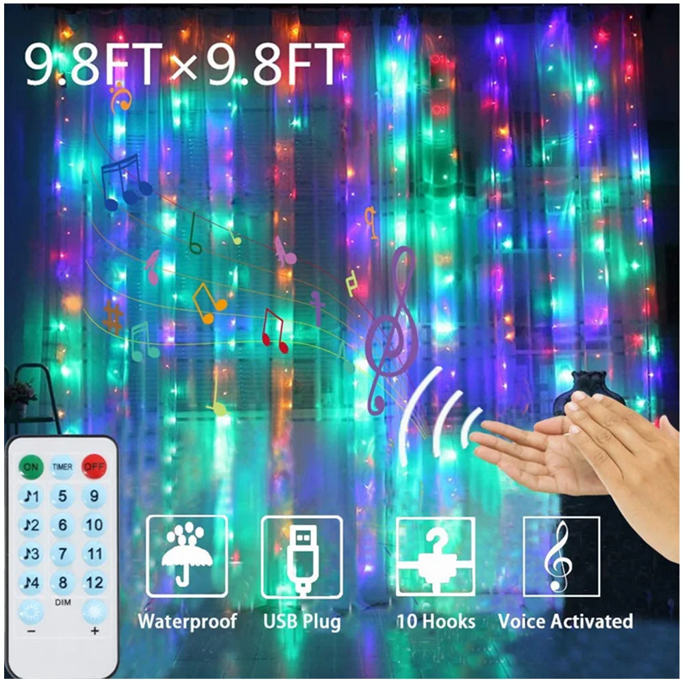 3M LED Fairy Lights Garland Music Control/8 Lighting Mode USB Wedding Party Decor Christmas Window Curtain String Light