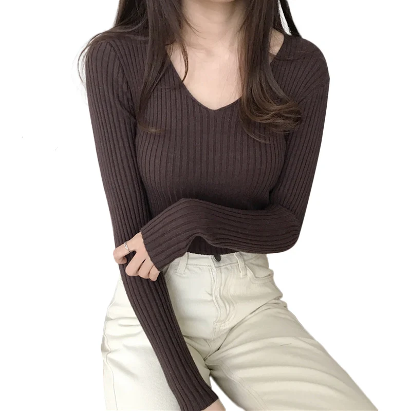 Базовый однотонный осенне-зимний свитер с V-образным вырезом пуловер в Корейском