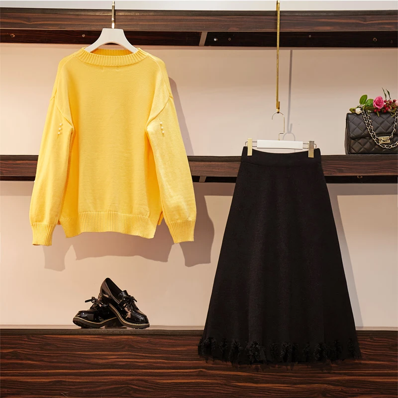 

large size ladies' new winter sweater black skirts two pcs leisure suits women yellow top long pleated skirt big size lady set