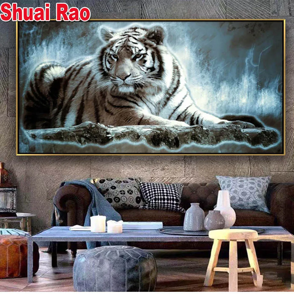 Large Size 5d Diy Diamond Painting Black and White Tiger Diamond Embroidery Animal Art Picture for Living Room Cuadros Decor