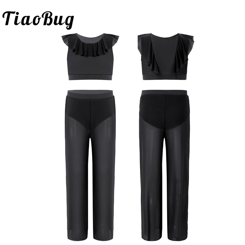 

TiaoBug Girls Contemporary Lyrical Dance Costumes Kids Girls Gymnastics Ballet Leotard Crop Top Mesh Long Pants Dancewear Set
