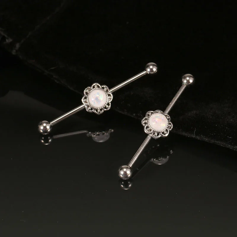 14G Flower Industrial Earrings Cartilage Helix Tragus Titanium Steel Artificial Opal Stone 1.6mm Anti-allergic Punk Jewelry New | Украшения