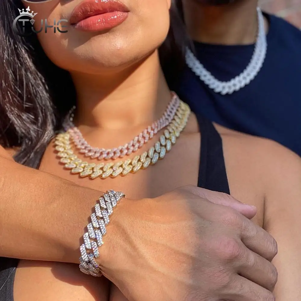 Offerte Coppia Gioielli 12mm Micro Pavimenta CZ Catene A Maglia Cubana Collane Lusso Bling Girocollo Ghiacciato Zircone Punk Donna Uomo Catene Hip Hop