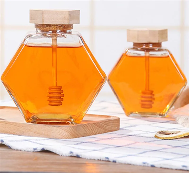 Glass Honey Jar With Honey Stir Bar 220ML/380ML Mini Small Honey Bottle Container Pot With Splash Bar Stirring Rod Hammer
