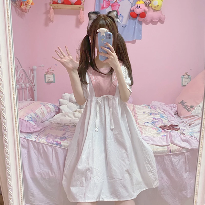 

Japanese Lolita dress Loose Slim-Fit Sailor Collar Dress Vintage Embroidered Lantern Sleeves Midi Girl's Dress Female Summer
