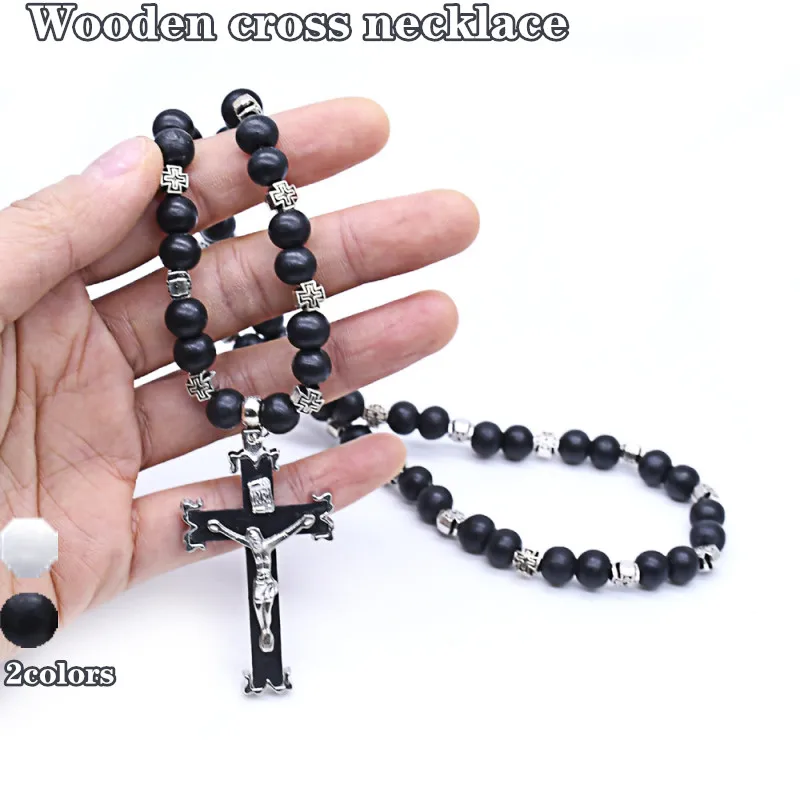 

Fashion Handmade Jewelry 2 Colors Religious Christian 8mm Bead Rosary Necklace Wooden Cross Wooden Bead Necklace