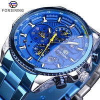 forsining mens automatic watch blue steel band calendar 3 sub dial wristwatch mechanical waterproof male clock relogio masculino