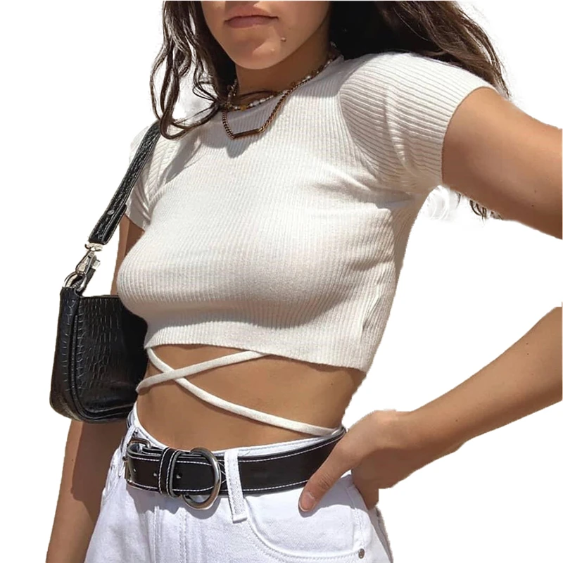 Женский ТРИКОТАЖНЫЙ УКОРОЧЕННЫЙ ТОП однотонная облегающая футболка с коротким