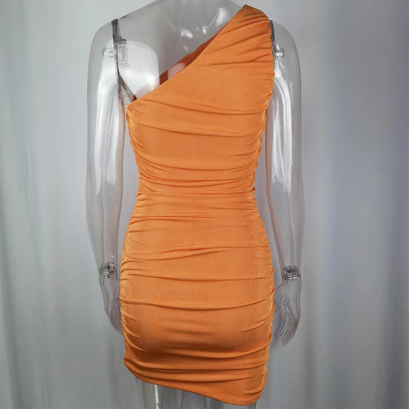 

Ruched Women's Mini Dress Party Inclined Shoulder Sleeveless Female Bodycon Short Dresses 2021 Summer Sexy Ladies Club Vestidos