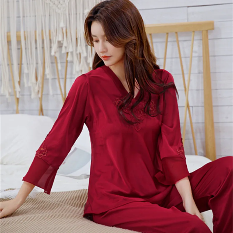 2021 New Summer Pajamas Women's Ice Thin Long Sleeve 2Pcs Suit Nightie Simulation Silk Large Size Leisure Home Wear Sleepwear