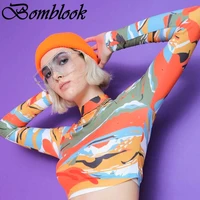bomblook casual fashion womens printed tops summer 2021 half high collar long sleeve crop tops female streetwears
