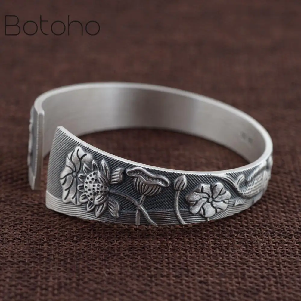 

S999 sterling silver colour female bracelet Pisces lotus flowers bracelets retro Thai silver colour craft matte bracelet women