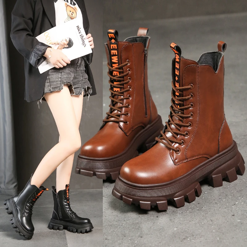 

Женские ботинки Martin из искусственной кожи на осень и зиму, мотоциклетные модные теплые зимние ботинки на толстой подошве и толстом каблуке 6...