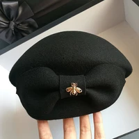 bowknot beret autumn winter wool fashion top hat ladies warm hat brand designer metal bee black cap for women 2021 gifts