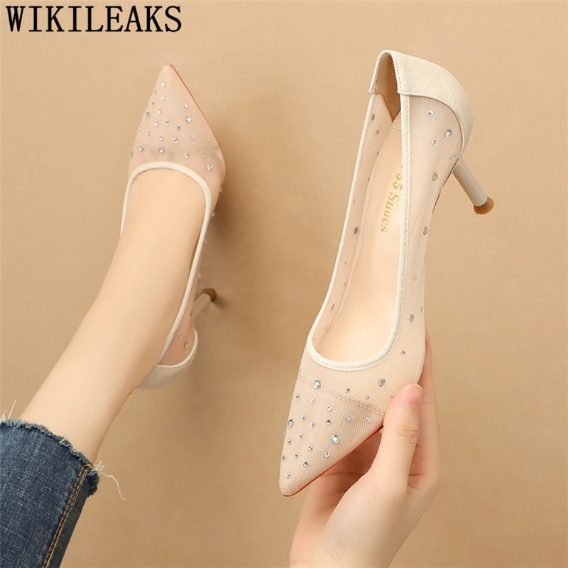 Туфли стразы женские на высоком каблуке модная летняя обувь с острым носком