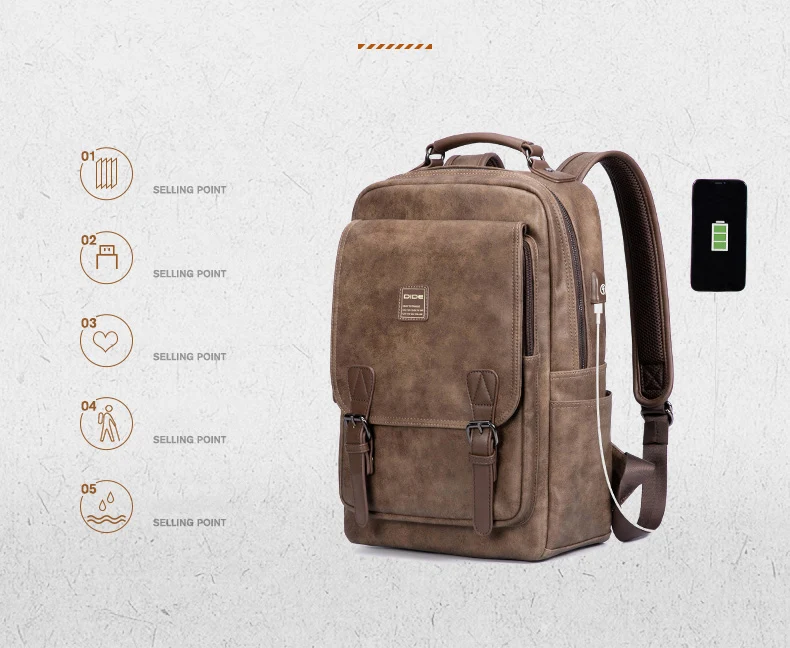 Мужской рюкзак для ноутбука DIDE с usb зарядным портом Mochila, винтажный повседневный рюкзак для путешествий, сумка для мужчин, школьный водонепроницаемый рюкзак 15 дюймов