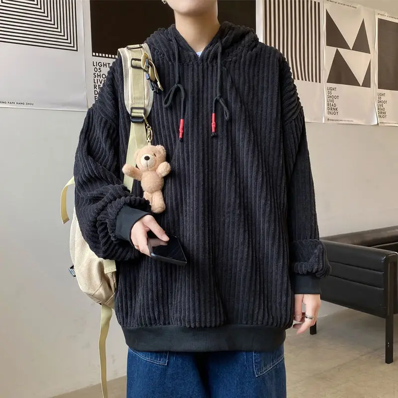 

Pure Color Corduroy Hoodie Men Korean Fashion Loose Casual Hoodie Men Harajuku Streetwear Hip-hop Retro Pullover Jacket Men