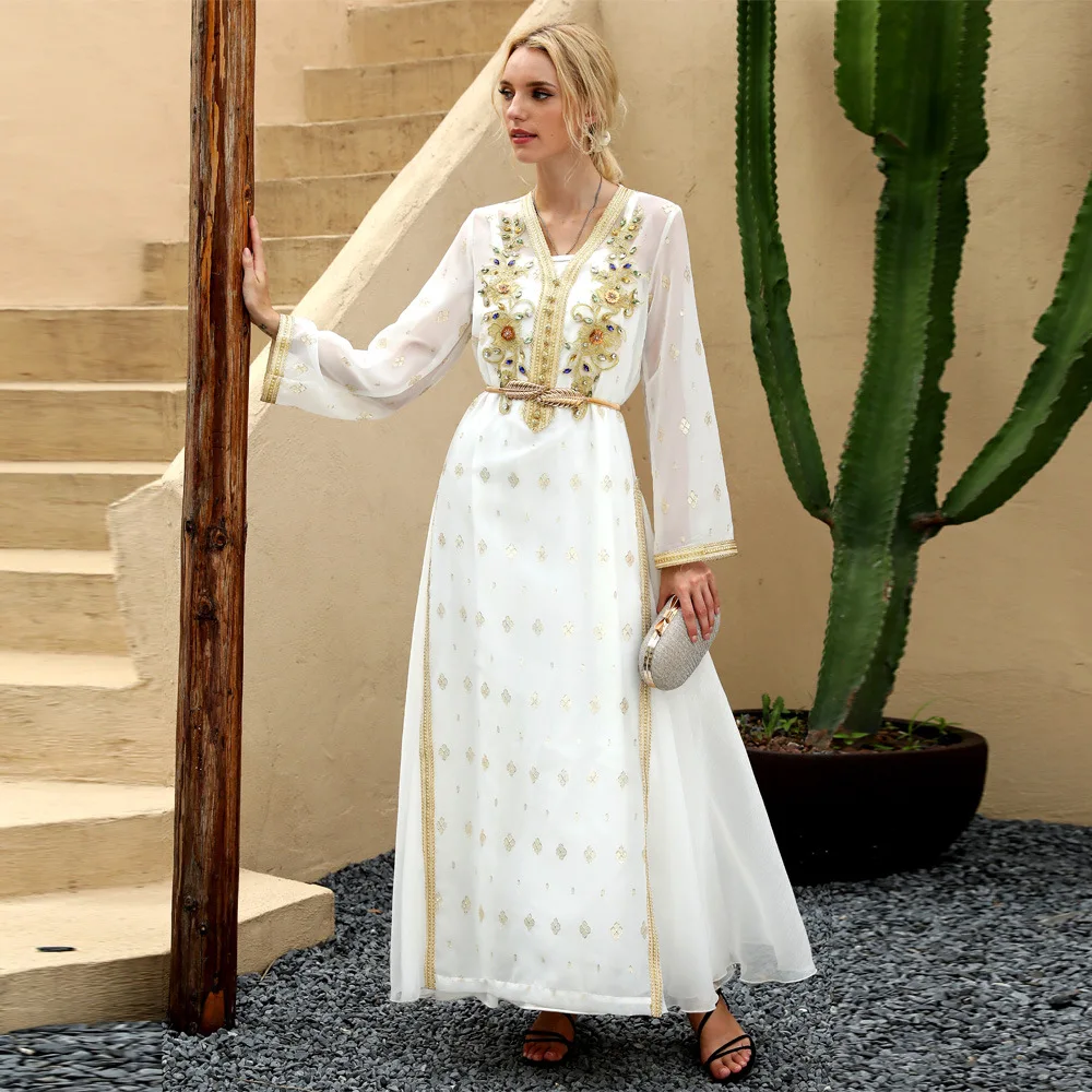 Белое мусульманское модное платье, абайя, Турция, Ближний Восток для женщин, Золотое плетеное стразы, платье Дубай, вечернее платье для выпу...