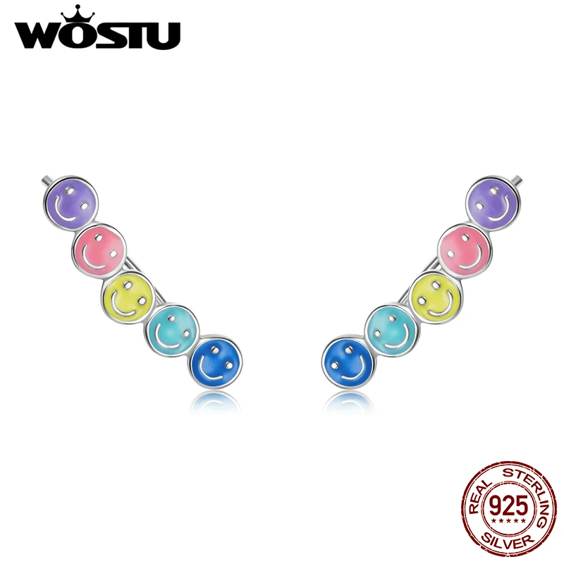 

WOSTU 2021 925 Sterling Silver Blue Yellow Pink Five Colored Smiling Face Stud Earrings For Women Fashion Party Jewelry CTE553