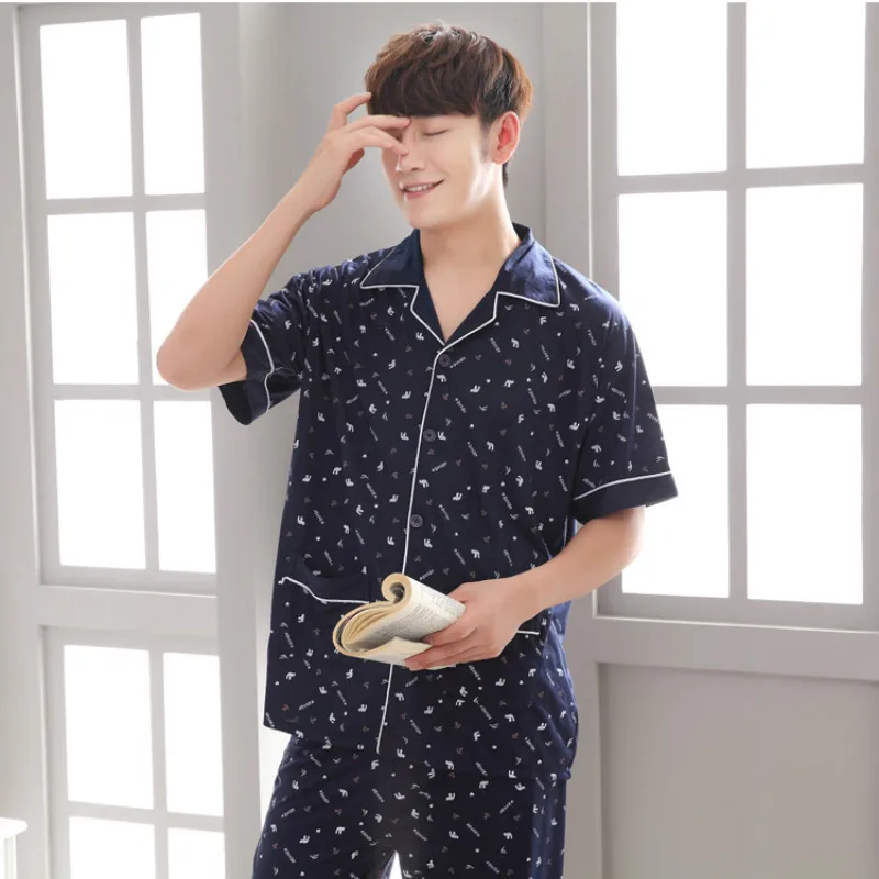 Мужская Хлопковая пижама синяя Домашняя одежда летняя Пижама темно-синие брюки с