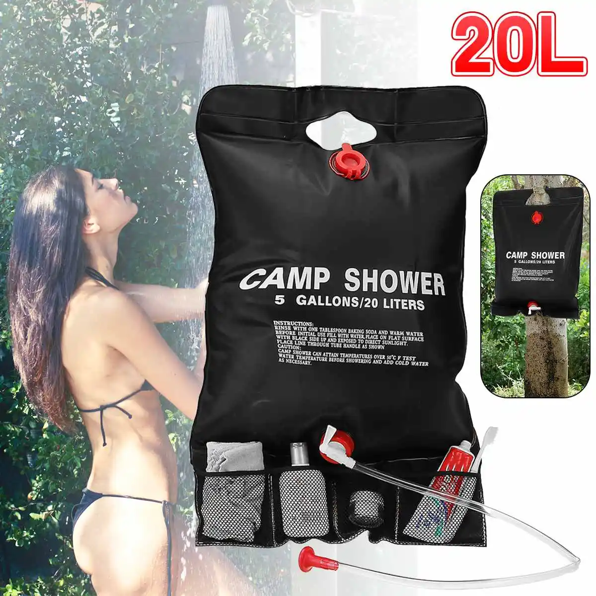 

20L Outdoor Hiking Water Bags Portable Bathing Shower Bag for Camping with Switch Hose Shower Head Solar Heated Water Storage