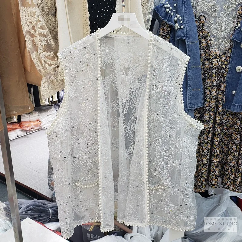 

CHIC 2021 Summer European French Sweet Women Pearls Beads Sequined Vest Lady Glitter V-neck Cardigan Thin Top Sleeveless Jacket