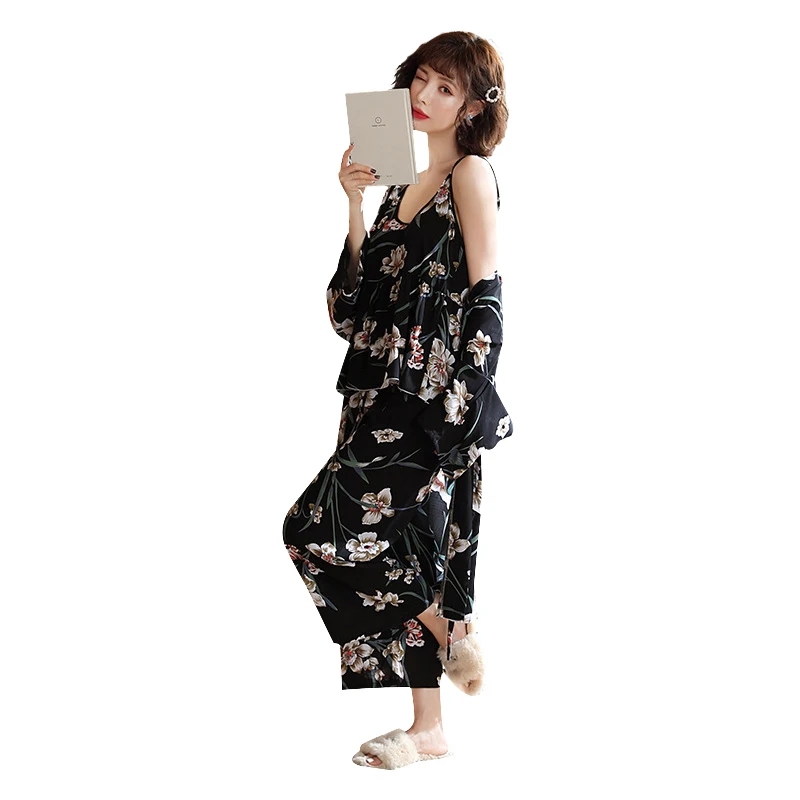 

2021 New 3 piece pyjamas women sexy pajama and robes sets Sleepwear women Long-sleeved Homewear long pants short sleeve