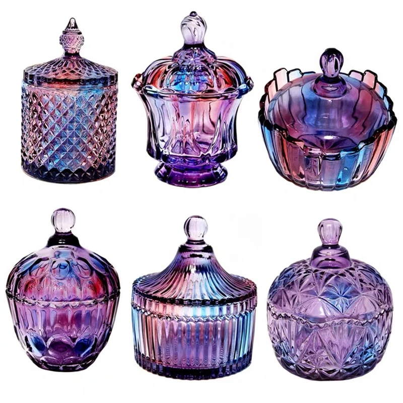 

European Purple Crystal Small With Lid Color Glass Jar Kitchen Food Tank Rangement Candy Box Desktop Jewelry Makeup Organizer