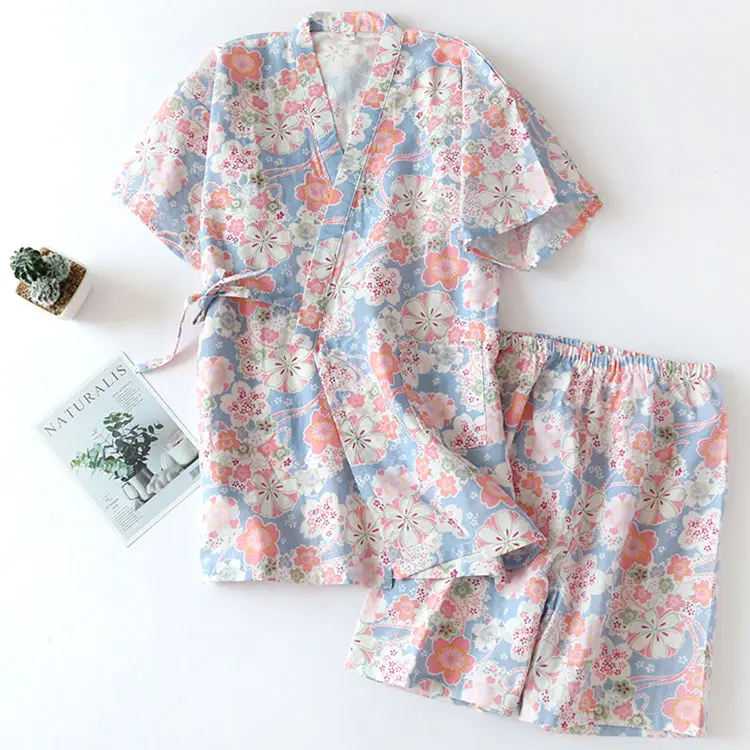 

Традиционное японское кимоно, пижамы для женщин, летний комплект со штанами с коротким рукавом, хлопковый двухслойный марлевый цветочный м...