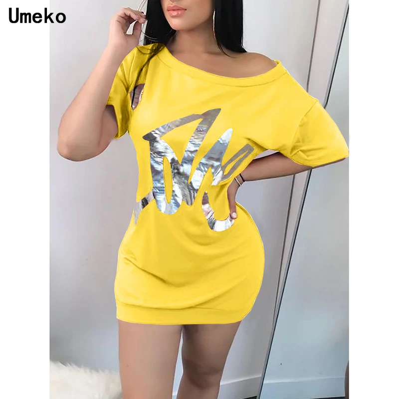 

Umeko Summer 2020 New One Shoulder Mini Dress Sexy Club Dress Women Letters Print Short Sleeve Loose Dresses Sundress Female