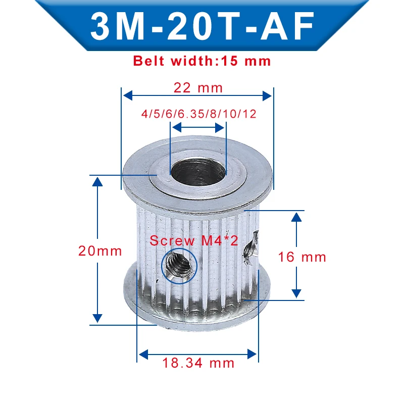 

Timing Pulley 3M20T Bore Size 4/5/6/6.35/8/10/12 mm Aluminum Belt Pulley Slot Width 16 mm For 3M-synchronous belt Width 15 mm