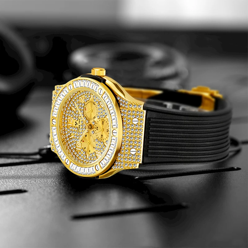

Top Brand Luxury Mens Watches Black Square Diamond Male Clocks Date Sport Clock Rubber Strap Quartz Business Men Watch