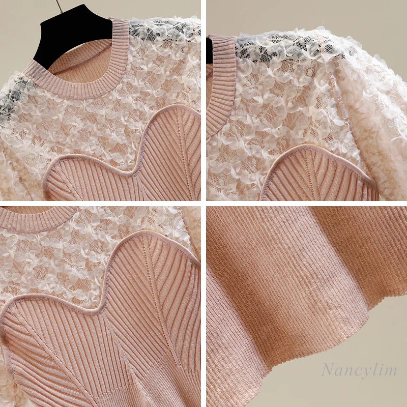 Camiseta de costura delgada de encaje para mujer, blusa de punto de seda de hielo fina para mujer, Top elegante Blanco, Negro, Rosa, Verano