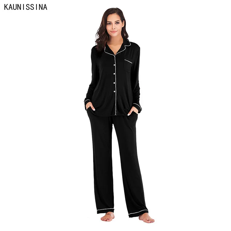 

Sleepwear Pajama Sets Women Casual Solid Log Sleeve Turn-Down Collar Shirts Top Long Pants Pajama Sets Ladies Soft Home Suits