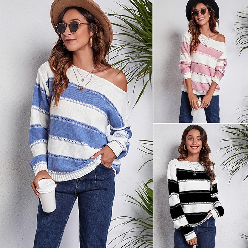 

WOHUADI Winter Warm Slash Neck Knitted Sweater Streetwear Women's Clothing Fashion Stripe Hollow Out Loose Sweater Pullovers
