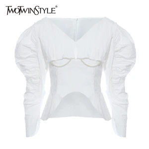 Женская блузка с буффами twotwin2, повседневная Асимметричная блузка с v-образным вырезом и длинными рукавами, расшитая бисером, в уличном стиле