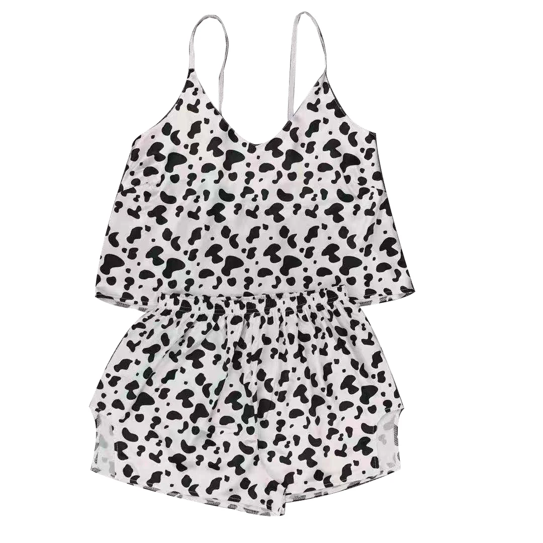 

EV&RE Leopard Pattern Satin Lingerie Sleepwear Summer V Neck Sexy Pajamas For Women Spaghetti Strap Loose Top and Short Pyjamas