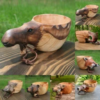 hand carved animal fox wolf boar rubber wooden water cup wooden novel mug camping gear coffee cups with lanyard easy to store
