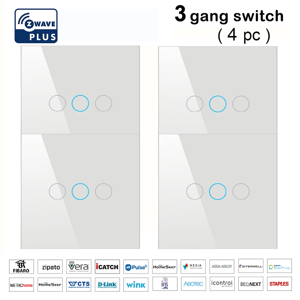 White-3way-4pc Z wave Plus, настенный светильник, выключатель для домашней автоматизации, сенсорный выключатель, умный светильник с дистанционным управлением, совместимый с Zwave серии 300 и 500 - Цвет: White-3way-4pc