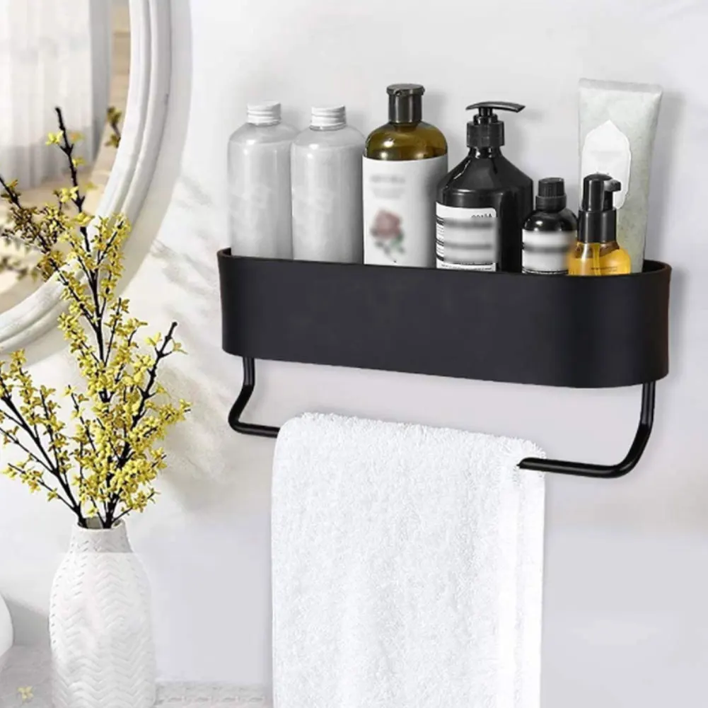 

Bathroom Shower Shelf Caddy Bathroom Wall Mount Organiser Hanging Basket With Towel Rail Black Towel Storage Wall-Free Hanging