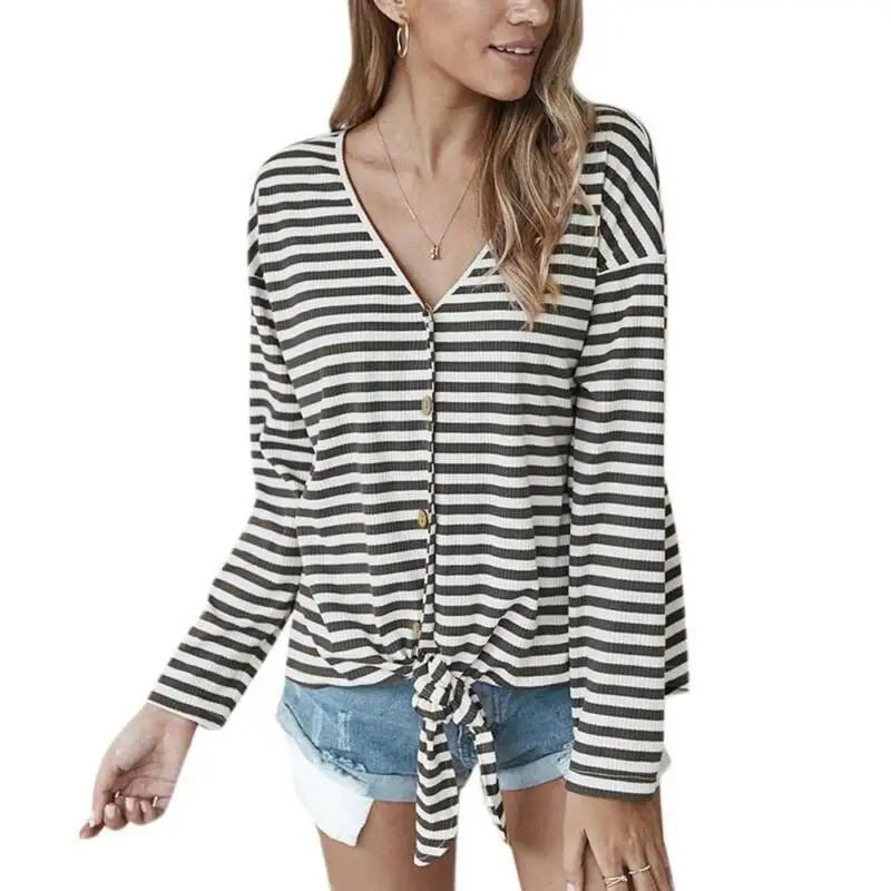 

Womens Long Sleeve V Neck Stripe Button Cardigan Sweater Classic Jumper Blouse