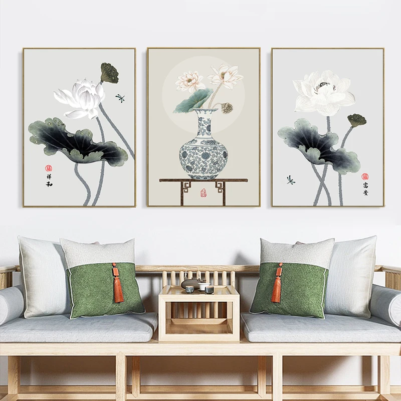 Китайская чернильная ваза с лотосом холст каллиграфией картина цветок лист