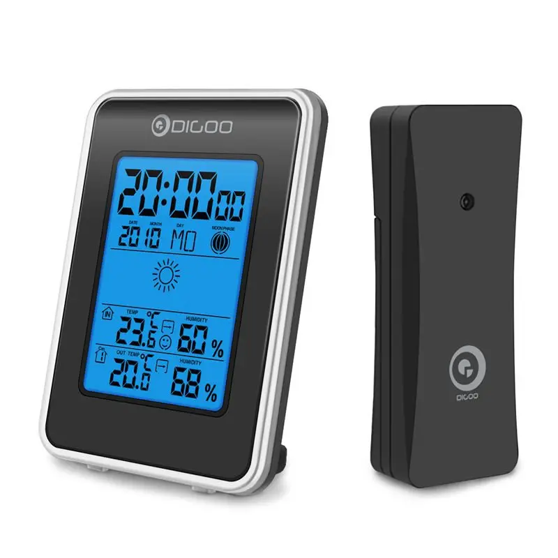 Черный Digoo DG-TH1981/Погодная станция с цифровой LCD гигрометр термометр Беспроводной для дома и улицы погоды Сенсор часы с подсветкой - Цвет: Черный