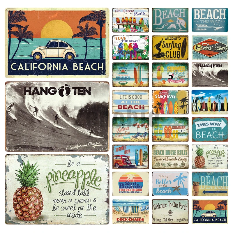 

Beach Vintage Metal Tin Signs Vintage Home Pub Garage Bar Decoration Wall Plaque Art Poster Seaside Fruits Decor Iron Painting