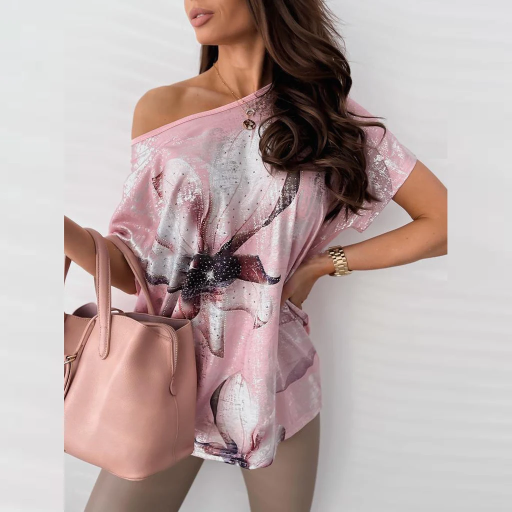 

One-shoulder Flower T-shirt Female Plus Size Women Clothing Summer Printed Short Sleeve Tees Tops O-neck Harajuku T-shirts