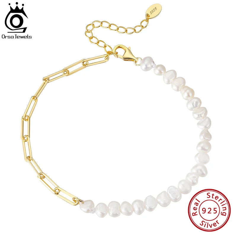 

ORSA JEWELS 925 Sterling Silver Unique Paperclip Link Chain Bracelet with Pearl for Women Fashion 14K Gold Bracelet Jewery GPB01