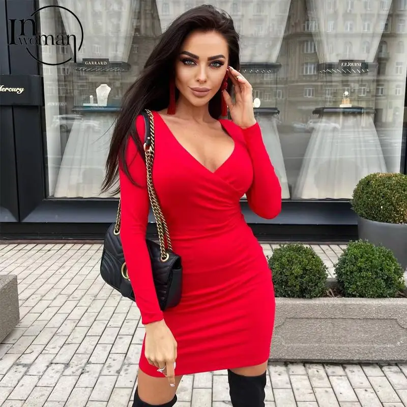 

Inwoman Fall V Neck Wrap Black Short Dresses Women 2021 Red Sexy Party Mini Dress Ladies Coffee Long Sleeve Club Bodycon Dress