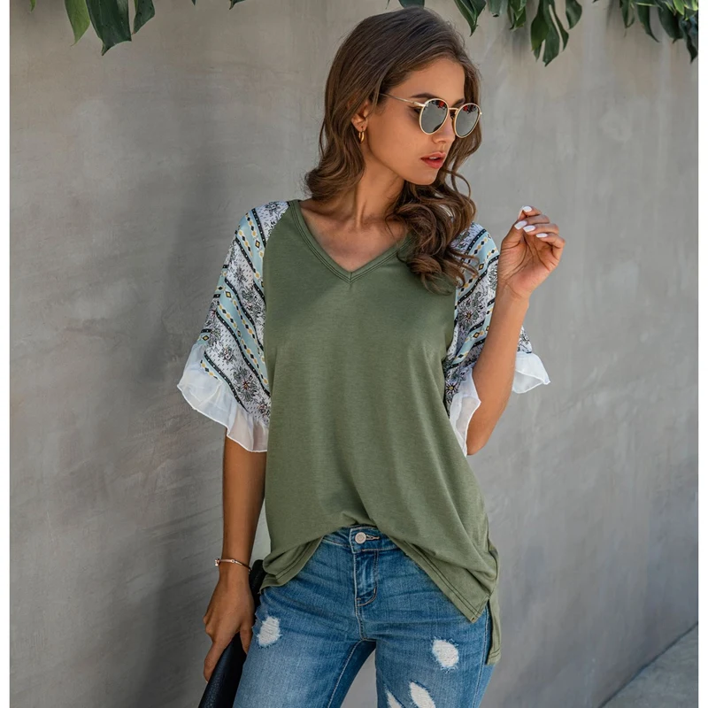 

Women Butterfly Half Sleeve V-Neck Casual Print Patchwork Blouses
